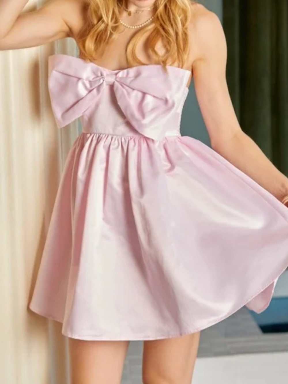 Women's Strapless Pink Bow-Front Dress